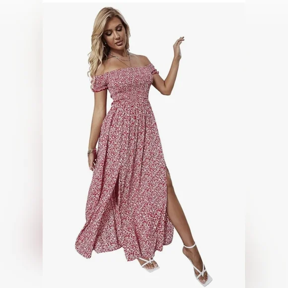 Floral Off-Shoulder Red Dress - Picture 3 of 3